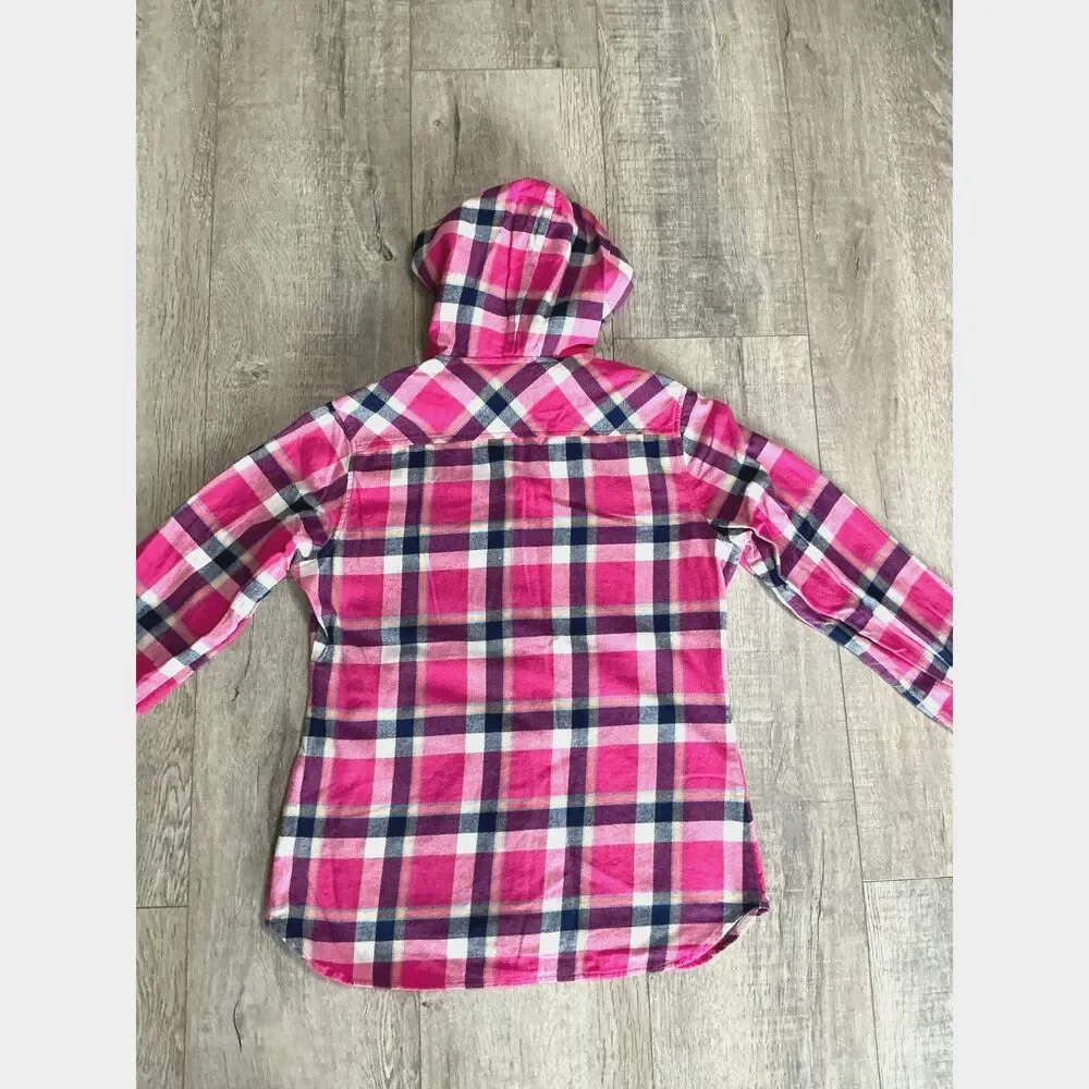 Eddie Bauer Women’s M Pink Plaid Hooded Flannel Shirt Outdoors/Hiking/Camping